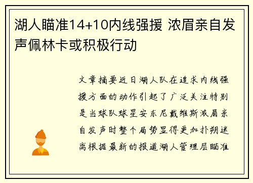 湖人瞄准14+10内线强援 浓眉亲自发声佩林卡或积极行动
